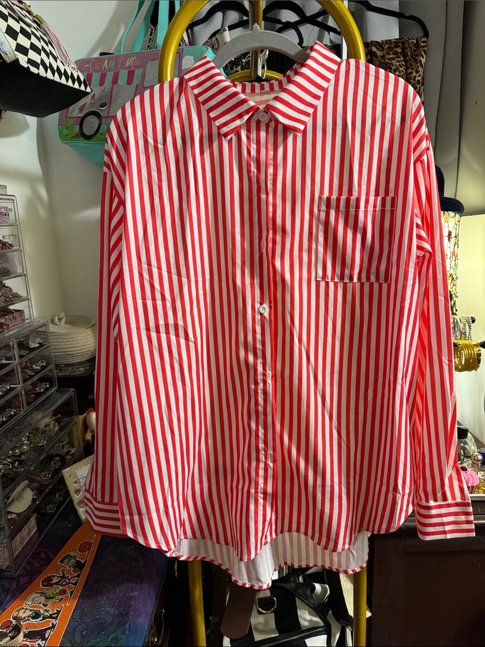 SHEIN Red and White Vertical Stripe Button-Down Shirt-make me an offer!